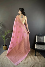 Joban Fashion Pastel Pink Floral & Paisley  Linen Silk Banarasi Saree - Distacart
