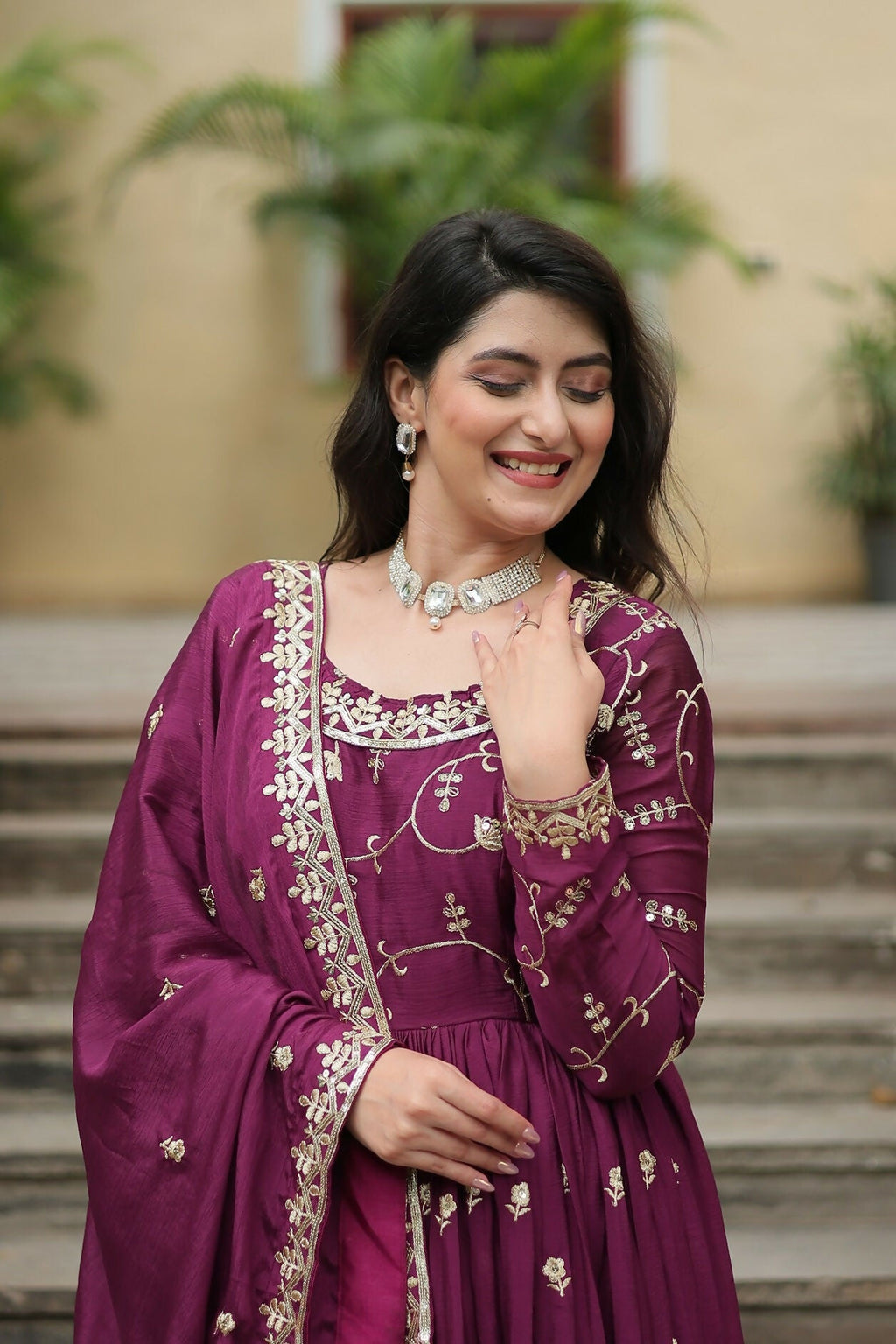 Joban Fashion Wine chinon Sequence Embroidery Work Kurta Set - Distacart