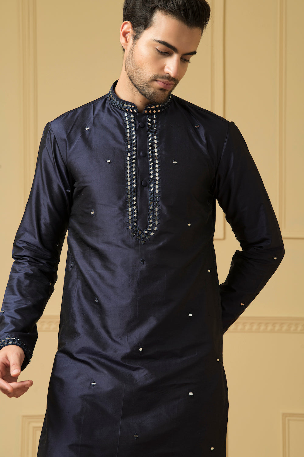 Mid Night Blue Silk Mirror Kurta by Hilo Design