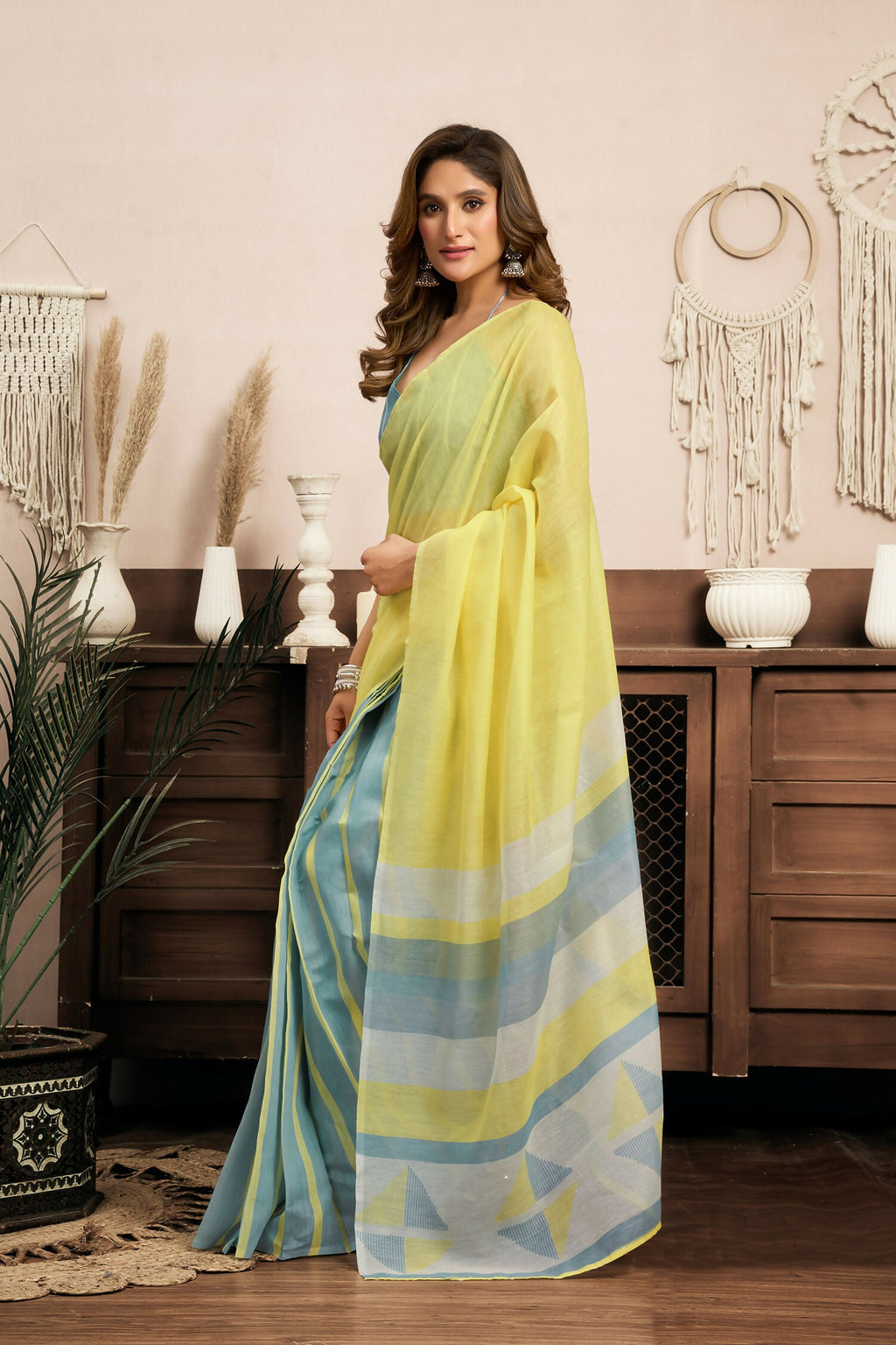 Joban Fashion Bright Yellow Striped & Geomatric Linen Ready To Wear Saree With Unstitched Blouse - Distacart