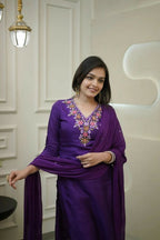 The52 Purple Women's Gorgeous Vichitra Fabric Embroidered Work Straight Kurta Pant and Dupatta Set - Distacart