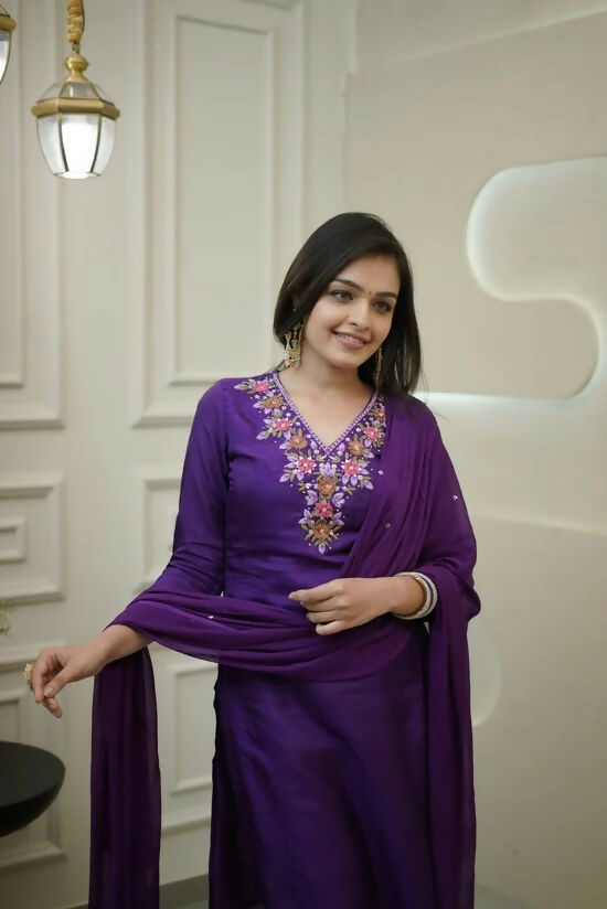 The52 Purple Women's Gorgeous Vichitra Fabric Embroidered Work Straight Kurta Pant and Dupatta Set - Distacart