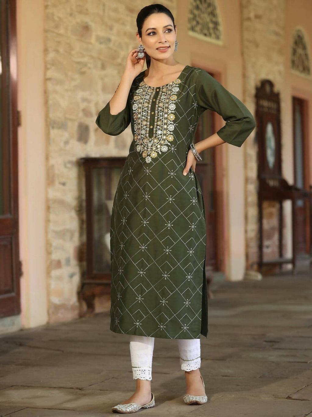 Juniper Women's Green Chinnon Printed Kurta - Distacart
