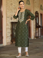 Juniper Women's Green Chinnon Printed Kurta - Distacart
