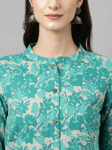 FIORRA Women's Floral Printed Teal Green Pure Cotton Straight Kurta