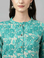 FIORRA Women's Floral Printed Teal Green Pure Cotton Straight Kurta