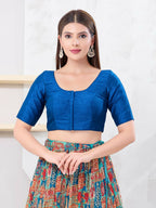 Joban Fashion Fire-Blue Dupion Silk Elbow Sleeveless Front Open Blouse