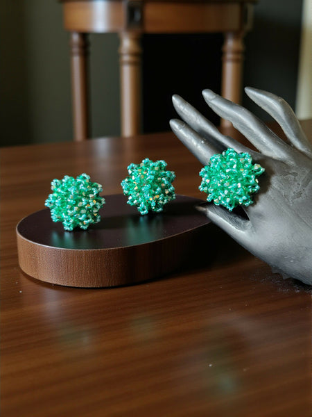 Inhanns Rangmani Crystal Duo – Adjustable Ring + Statement Earrings Set - Sea Green