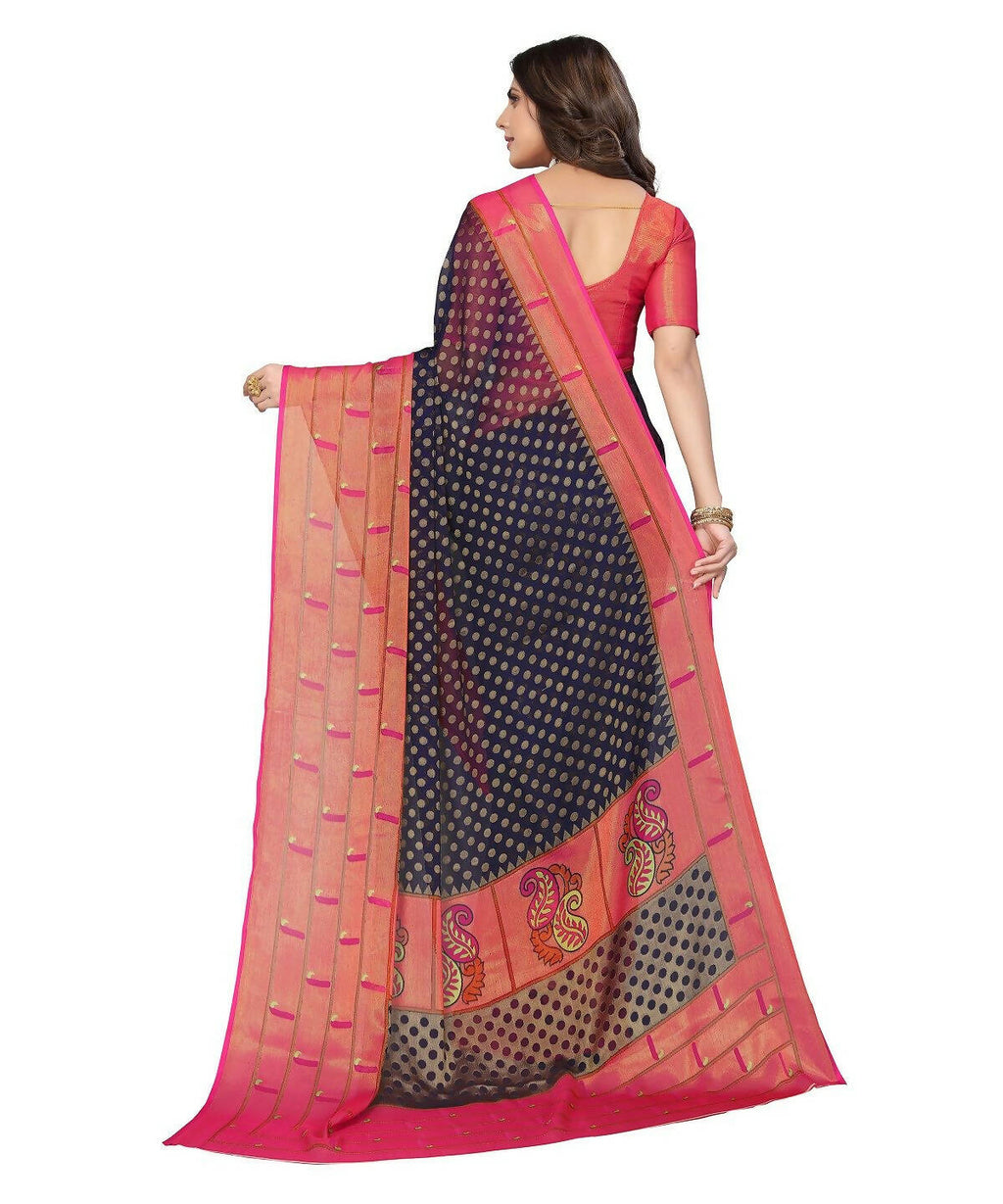 Vamika Navy Blue Chiffon Brasso Bollywood Style Woven Saree (DIMPLE NAVY) - Distacart