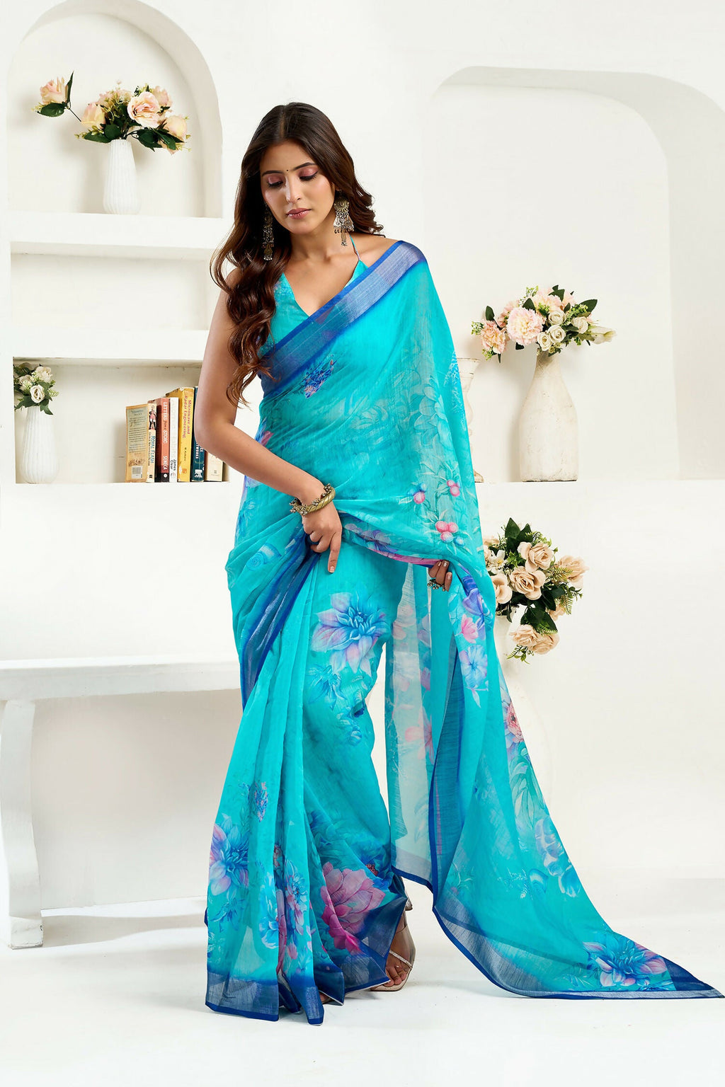 Joban Fashion Turquoise  Floral Linen Ready To Wear Saree With Unstitched Blouse - Distacart