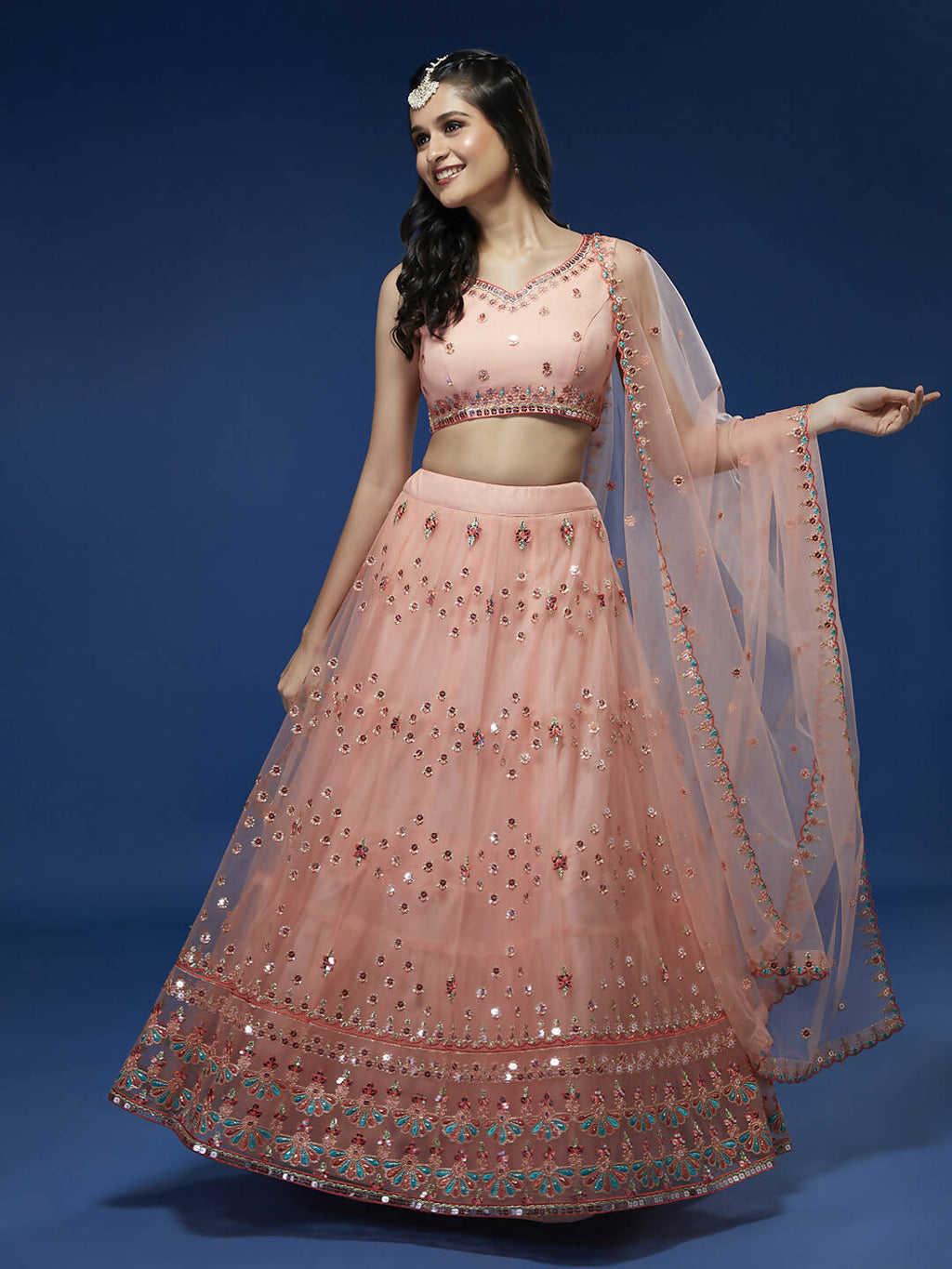 House of Panchhi Peach Net Sequinse Work Lehenga & Blouse, Dupatta