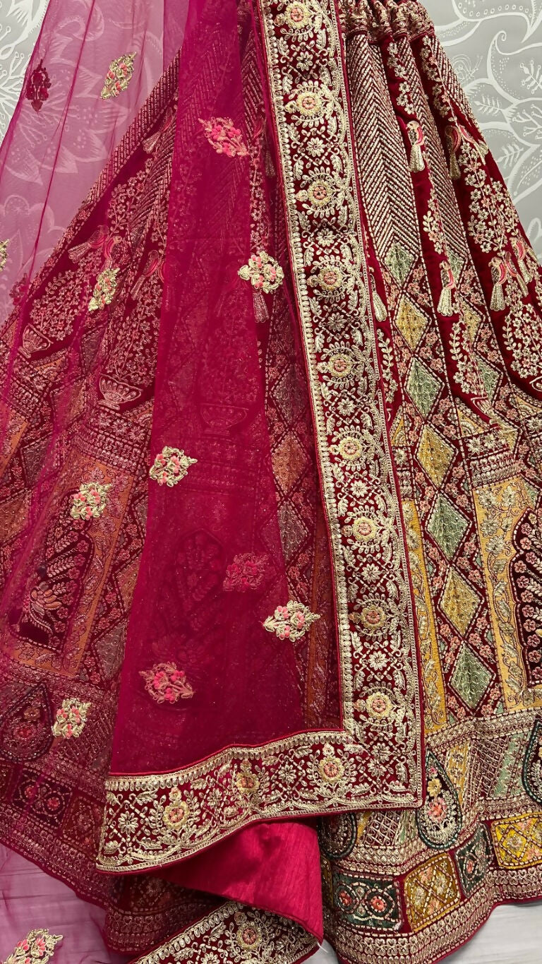 Jyoti Fashion Women's Rani Pink Velvet Fancy Dori, Zari with Multi Thread Embroidered Wedding Lehenga Choli