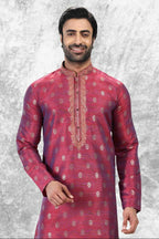 Raivat Ethnic Jacquard Silk Brocade Thread Work Kurta Pajama In Magenta Pink Colour