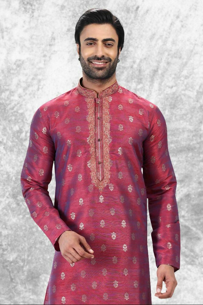 Raivat Ethnic Jacquard Silk Brocade Thread Work Kurta Pajama In Magenta Pink Colour