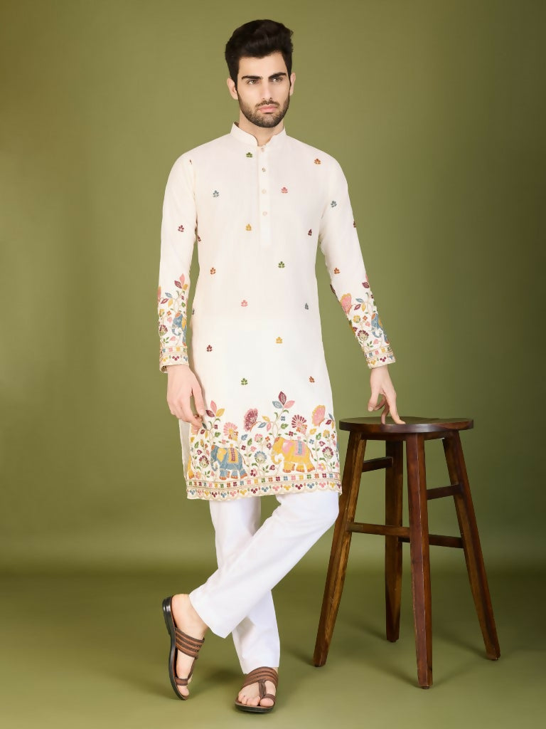 Vastranavya White Exclusive Festival Wear Cotton Sequence Embroidered & Thread Work Kurta