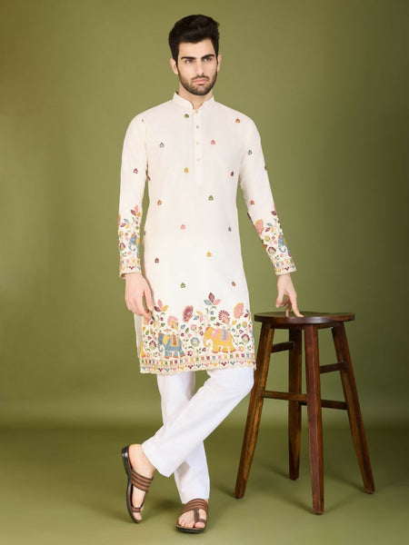 Vastranavya White Exclusive Festival Wear Cotton Sequence Embroidered & Thread Work Kurta
