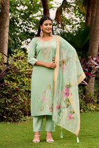The52 Women's Beautiful Embroidery Work Roman Fabric Straight Kurta Pant and Dupatta Set - Distacart
