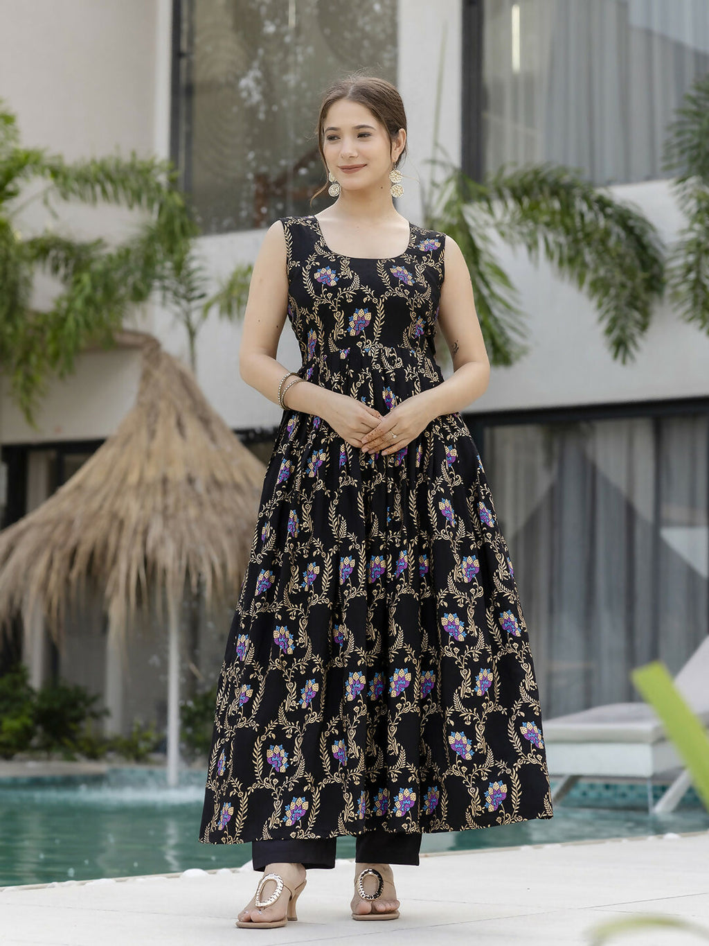 The52 Black Women's Gorgeous Printed Muslin Fabric Flared Kurta Pant and Dupatta Set - Distacart