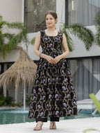The52 Black Women's Gorgeous Printed Muslin Fabric Flared Kurta Pant and Dupatta Set - Distacart