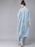Yufta Women Blue and white printed kurta with Palazzo and Dupatta Set