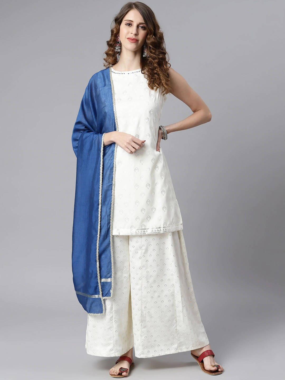 Janasya Off White & Silver Printed Kurta with Palazzos & Dupatta - Distacart