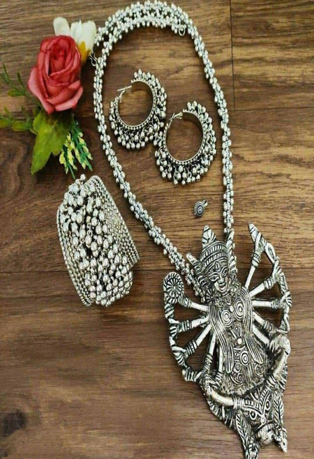 Mominos Fashion Johar Kamal Silver-Plated Brass Finish Kaali Mata Long Neckalce Combo Set For Women