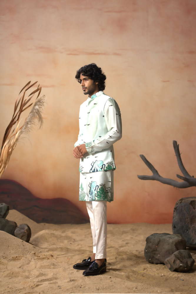 Seabed Serenity Cotton Satin Nehru Jacket by Hilo Design