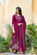 Yufta Women's Burgundy Anarkali Kurta Dupatta Set
