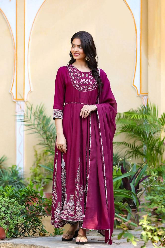 Yufta Women's Burgundy Anarkali Kurta Dupatta Set