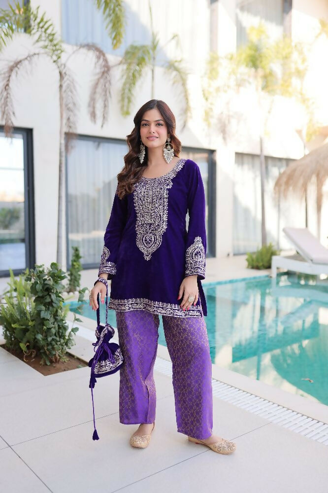 Joban Fashion Purple Kurta Set Velvet Sequins , Zari, Coding & Thread Embroidered work - Distacart