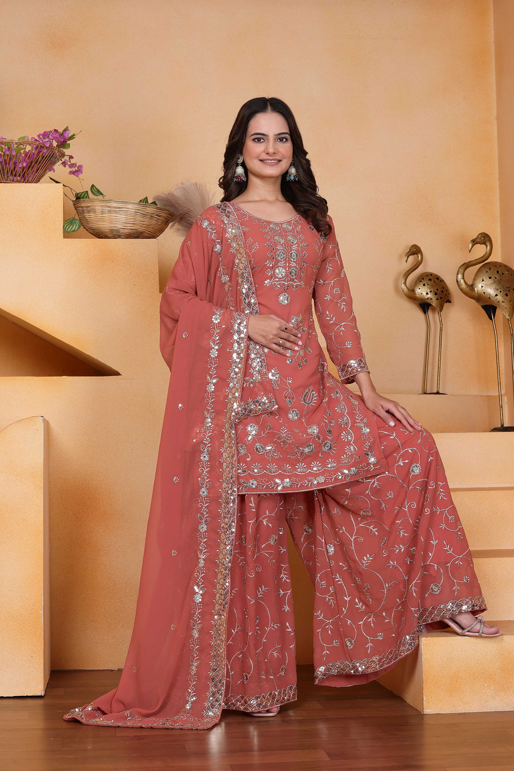 Lehenga Mart Designer Sharara Suit With Kurta, Sharara, Dupatta For Women-Rust Orange - Distacart