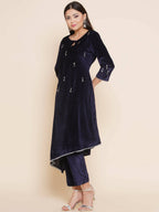 Women Republic Navy Blue Velvet Assymetrical Hand Embellished Kurta With Pants - Distacart