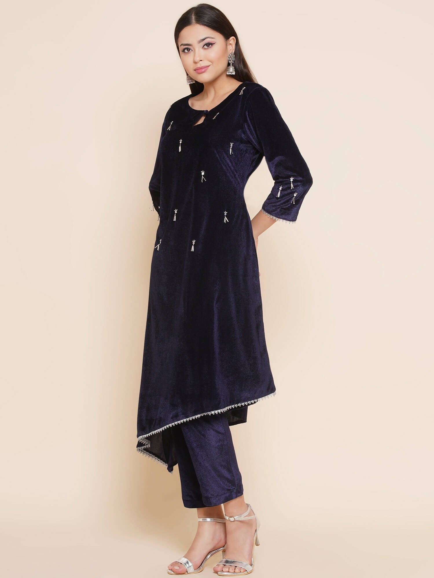 Women Republic Navy Blue Velvet Assymetrical Hand Embellished Kurta With Pants - Distacart