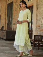 Juniper Women's Lime Green Cambric Floral Print Kurta Straight Pant And Duptta Sets - Distacart