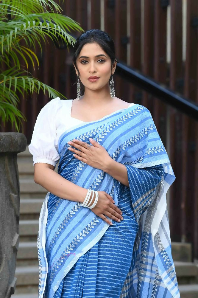 Beatitude Blue Cotton Tanchori Handloom Saree