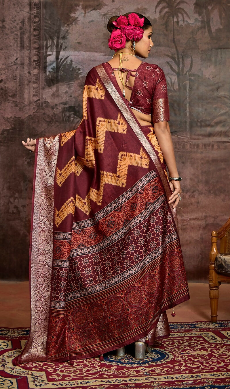 Joban Fashion Maroon Art Silk With Fine Viscose Border Ajrak Full Body Print With Soft Finish Saree - Distacart