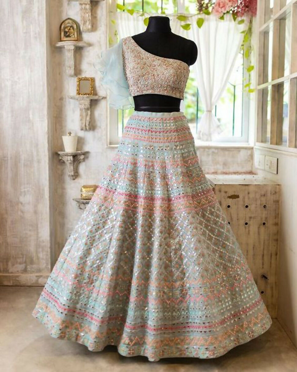 Jyoti Fashion Light Turquoise Thread, Zari and Paper Mirror Embroidered Organza One Shoulder Bridal Lehenga Choli