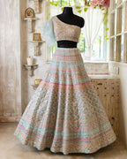 Jyoti Fashion Light Turquoise Thread, Zari and Paper Mirror Embroidered Organza One Shoulder Bridal Lehenga Choli