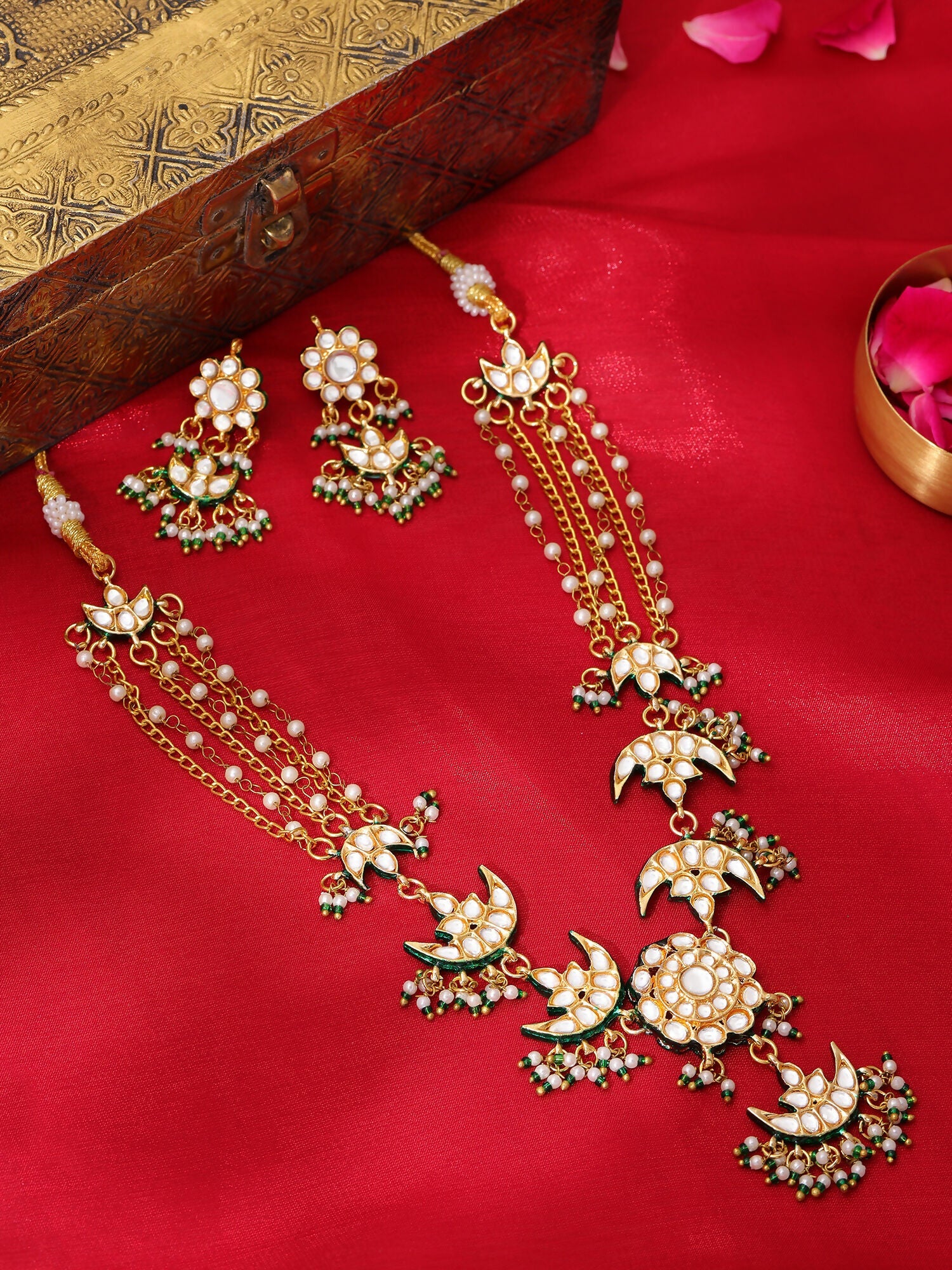 Ruby Raang 22k Gold Polished Kundan Necklace With Earrings