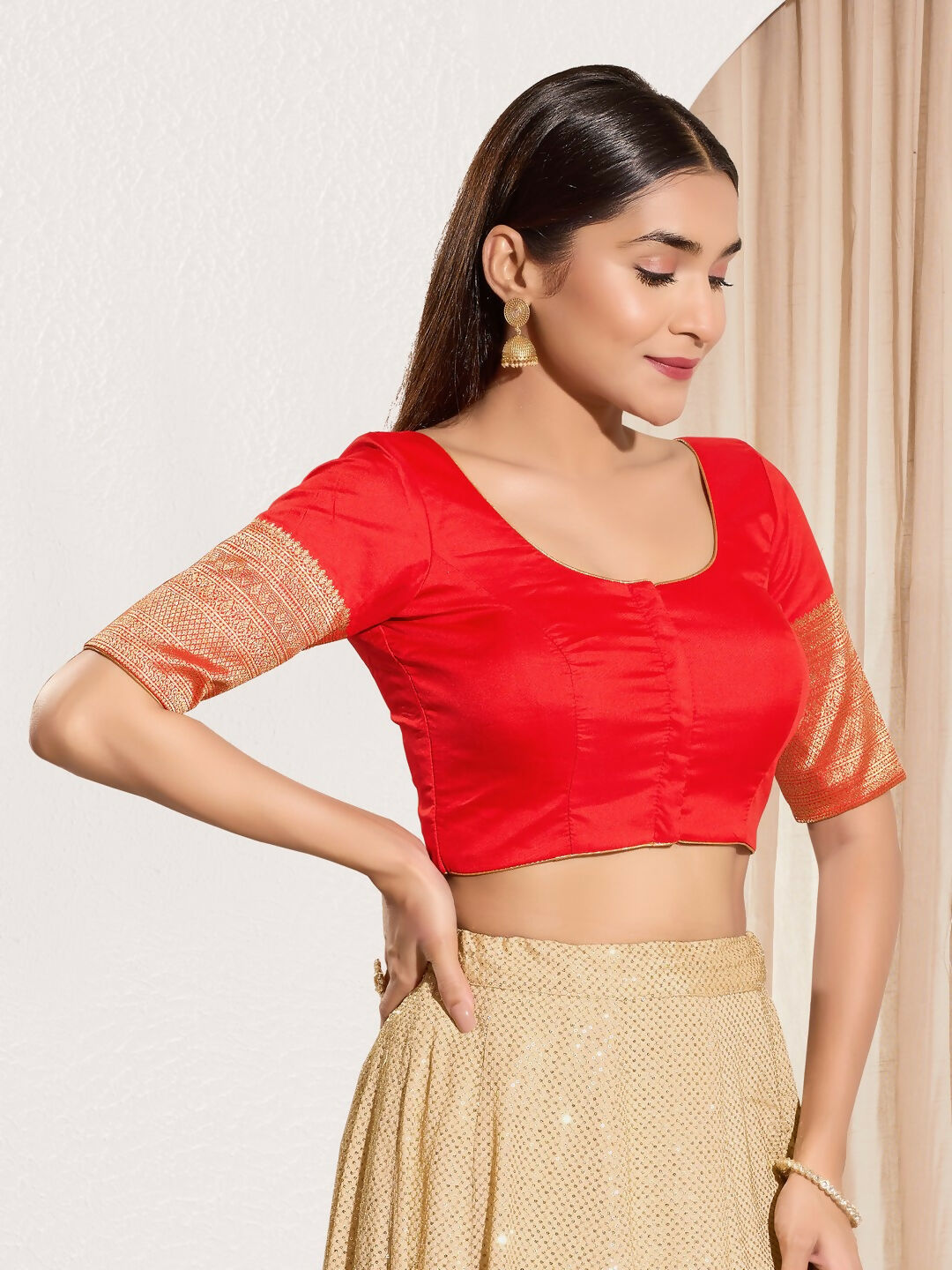Joban Fashion Red Taffeta Silk Padded Blouse With Round Neck Elbow Sleeves - Distacart