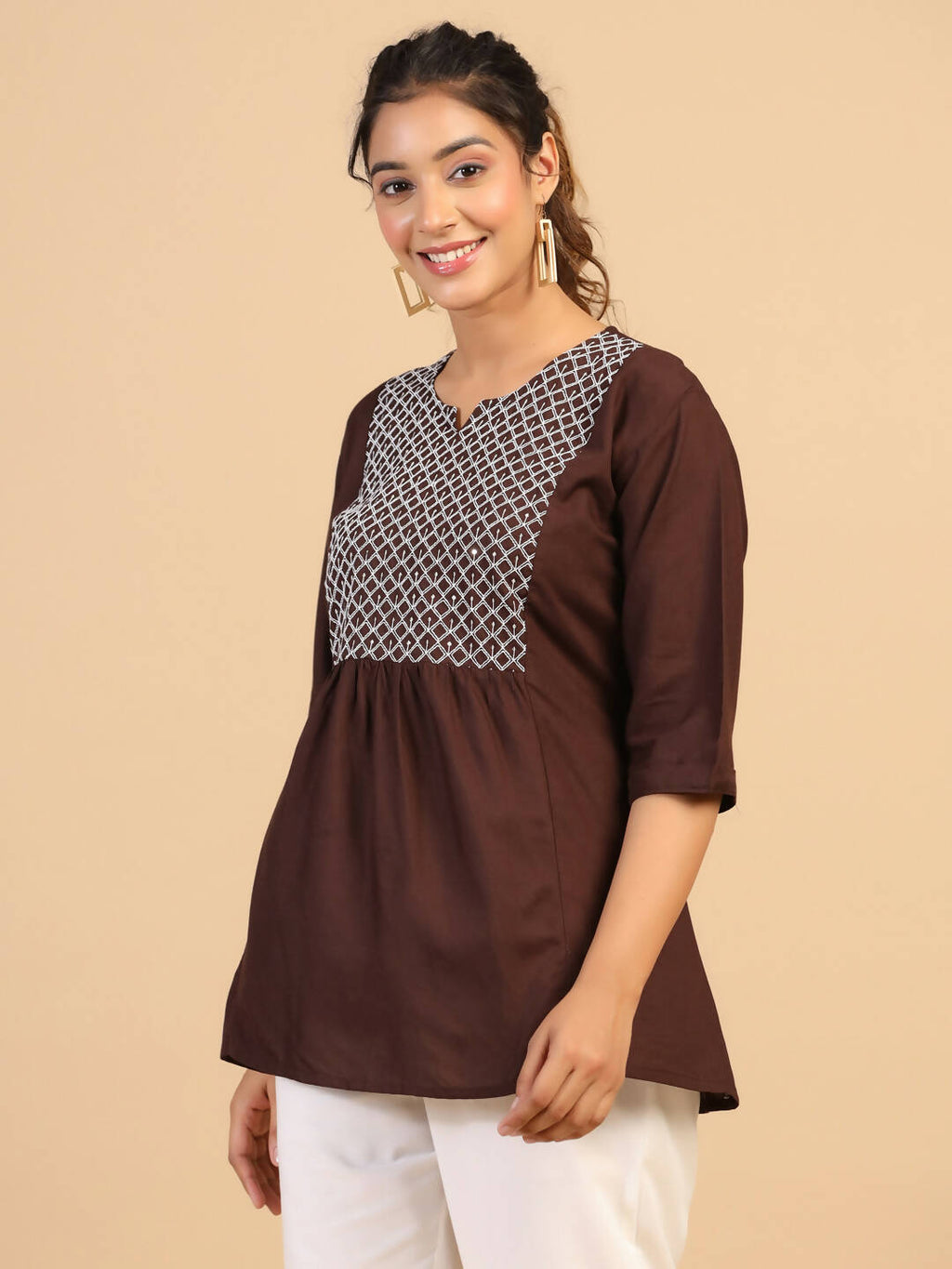 Womens Brown Rayon Yoke Embroidered Top - Keeva