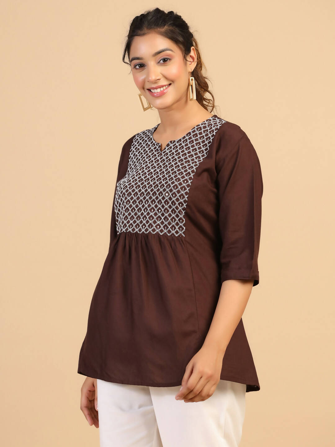 Womens Brown Rayon Yoke Embroidered Top - Keeva