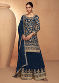 Blue Real Chinnon Embroidered Wedding Festive Palazzo Suit - Emponline