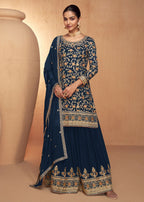 Blue Real Chinnon Embroidered Wedding Festive Palazzo Suit - Emponline