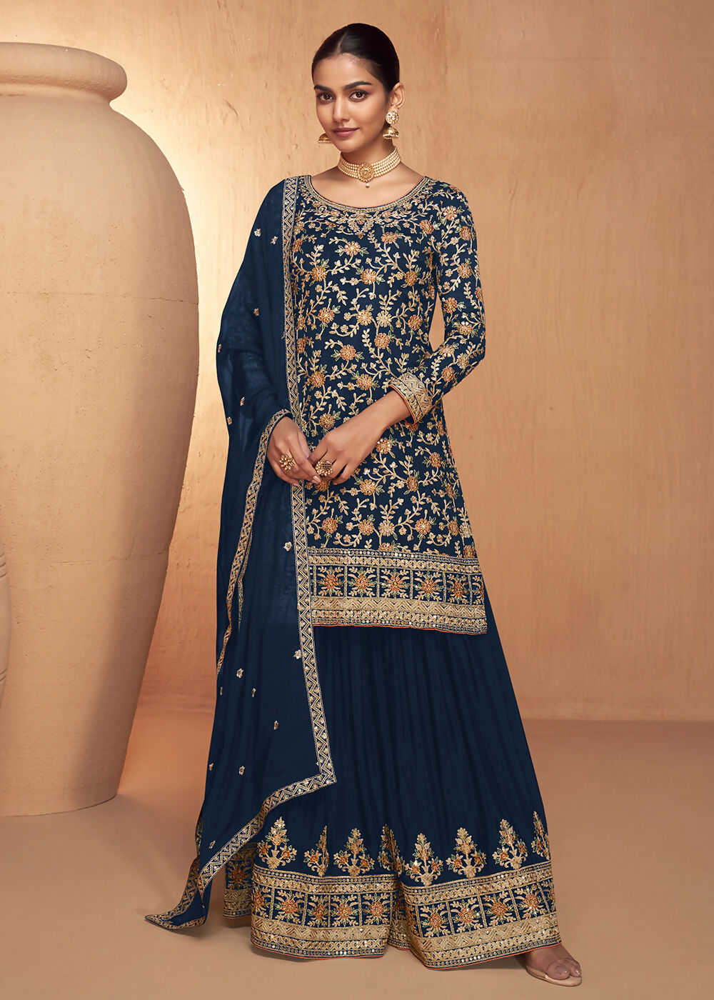 Blue Real Chinnon Embroidered Wedding Festive Palazzo Suit - Emponline