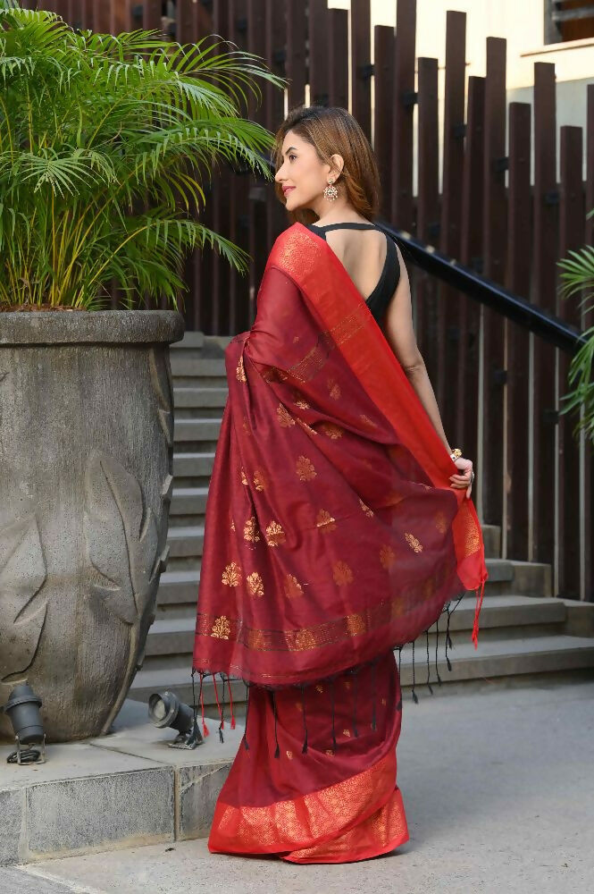 Beatitude Red Cotton Banarasi Saree