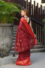 Beatitude Red Cotton Banarasi Saree