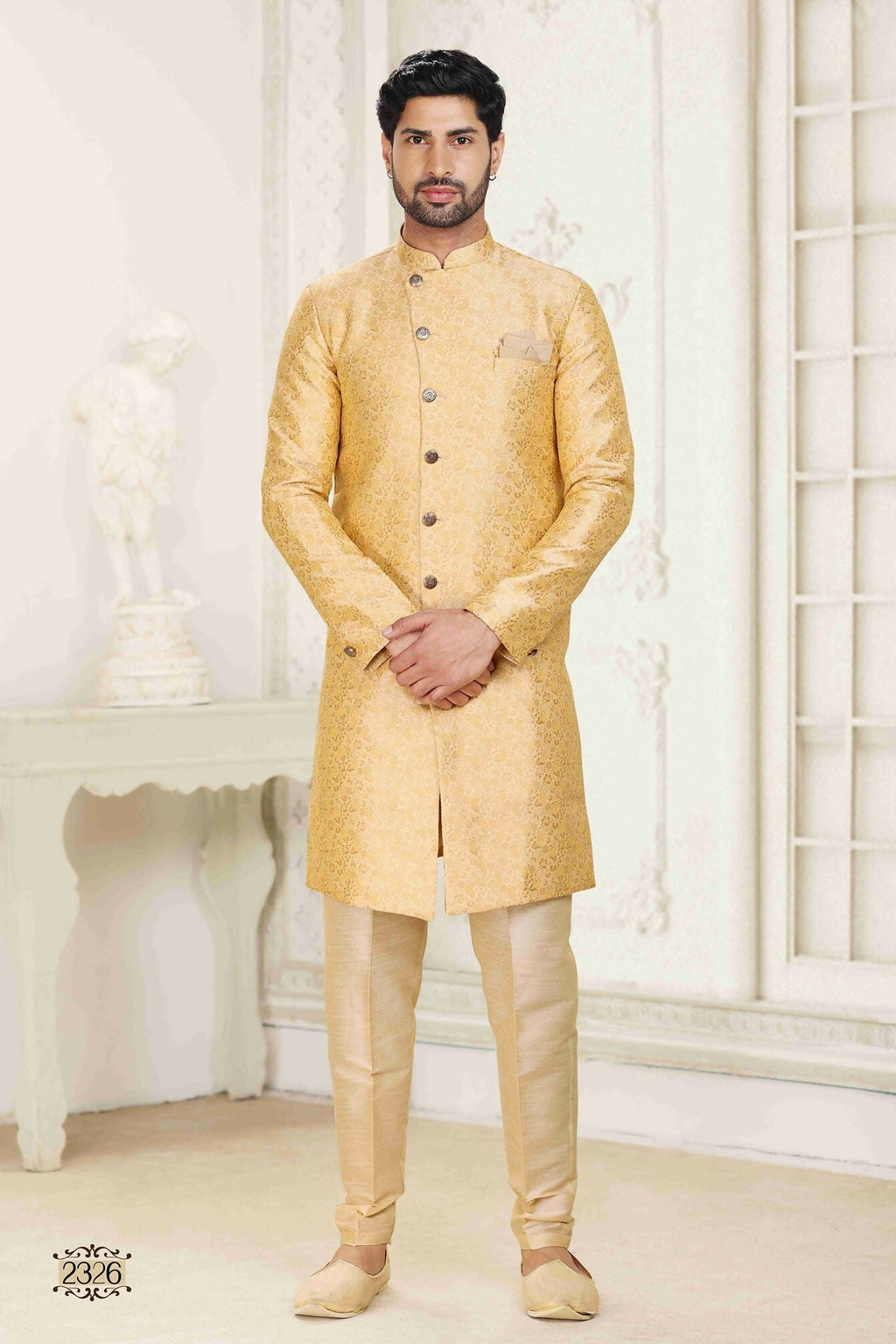 Raivat Ethnic Banarasi Jacquard Embroidery Semi Indo Western Sherwani In Cream Beige Colour