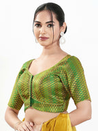 Joban Fashion Green Brocade Padded Blouse With Sweetheart Neck Elbow Sleeves - Distacart