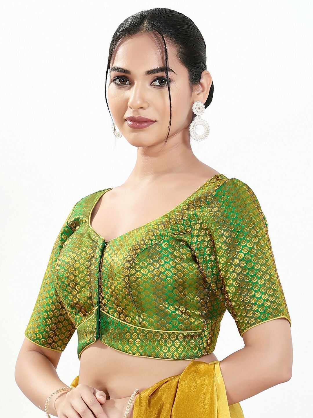 Joban Fashion Green Brocade Padded Blouse With Sweetheart Neck Elbow Sleeves - Distacart